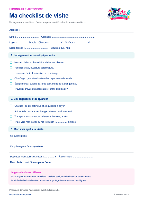 Aperçu de la check-list Je visite un logement