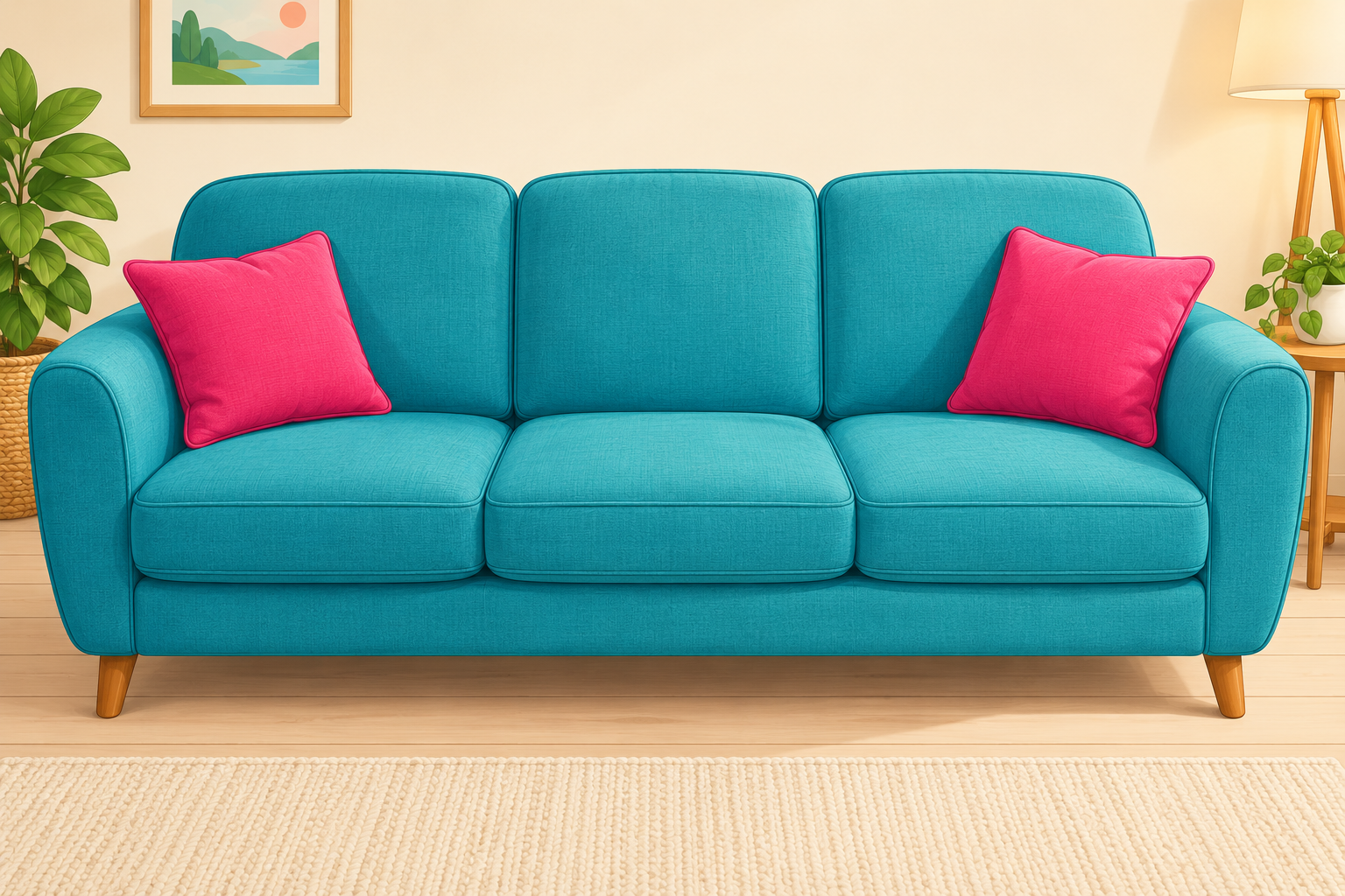 Canapé turquoise progressivement débarrassé de ses papiers